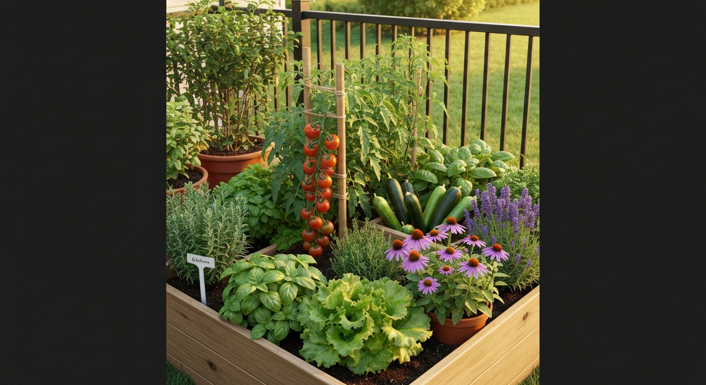 Late-summer home garden with raised bed, vegetables, herbs and pollinators; inviting, photorealistic scene.