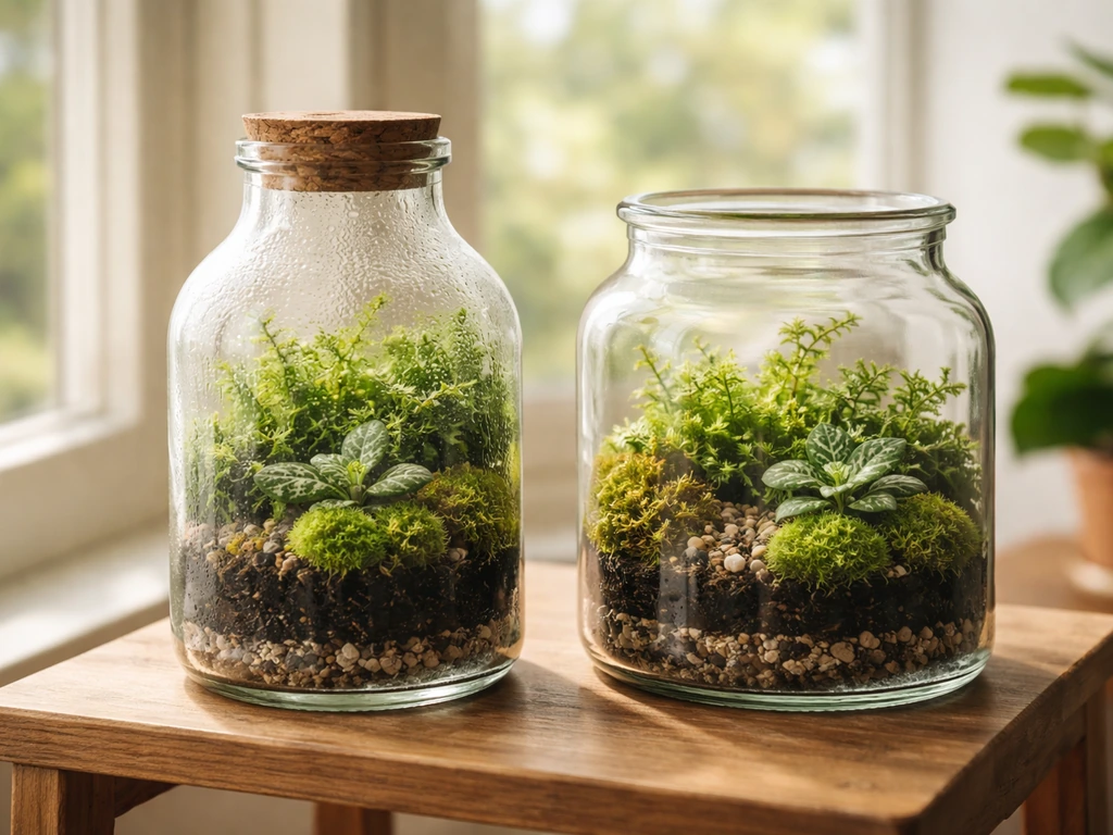Two simple bottle terrariums side by side: one sealed and humid, one open with airflow and drier look.