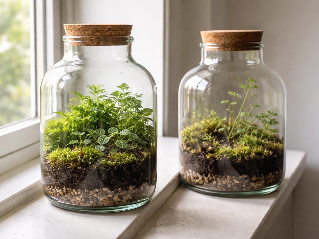 Two bottle terrariums near and farther from a bright window, showing healthier growth in stronger light.