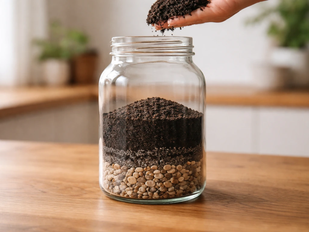 Layered bottle garden setup showing drainage, activated charcoal, and soil inside a clear glass bottle.
