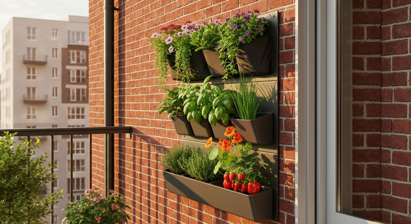 Sunlit vertical wall planter on a brick balcony wall with herbs, strawberries, trailing flowers and varied pocket depths.