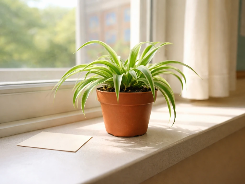 Kid-safe classroom plant in a small pot on a windowsill with a simple watering card nearby