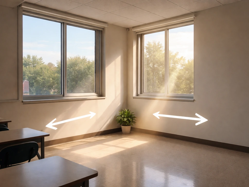 Minimal classroom scene with bright directional window light showing south and west exposure for plant placement.