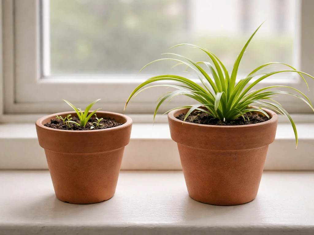 Two spider plant growth stages side by side in small pots under bright classroom light.