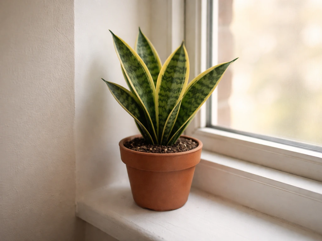 Snake plant in a small terracotta pot on a narrow windowsill, showing it fits limited desk space.