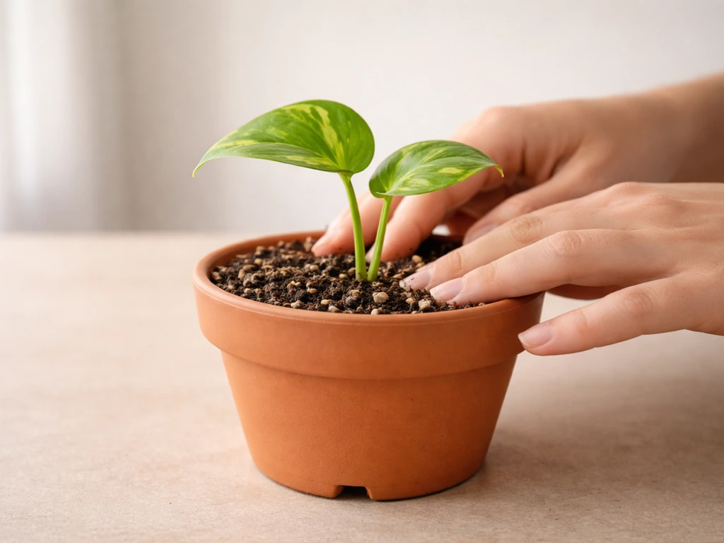 Classroom plant setup: cuttings planted in a potting-mix-filled pot with drainage hole, ready for light