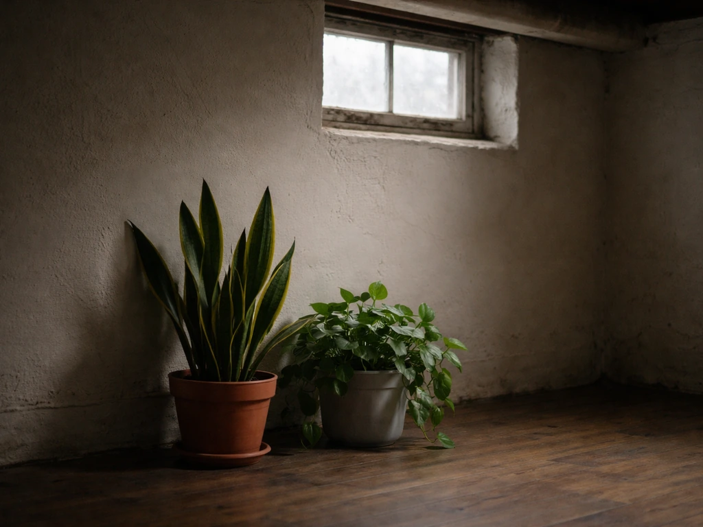 Snake plant and pothos in simple pots in a dim basement near a small window.