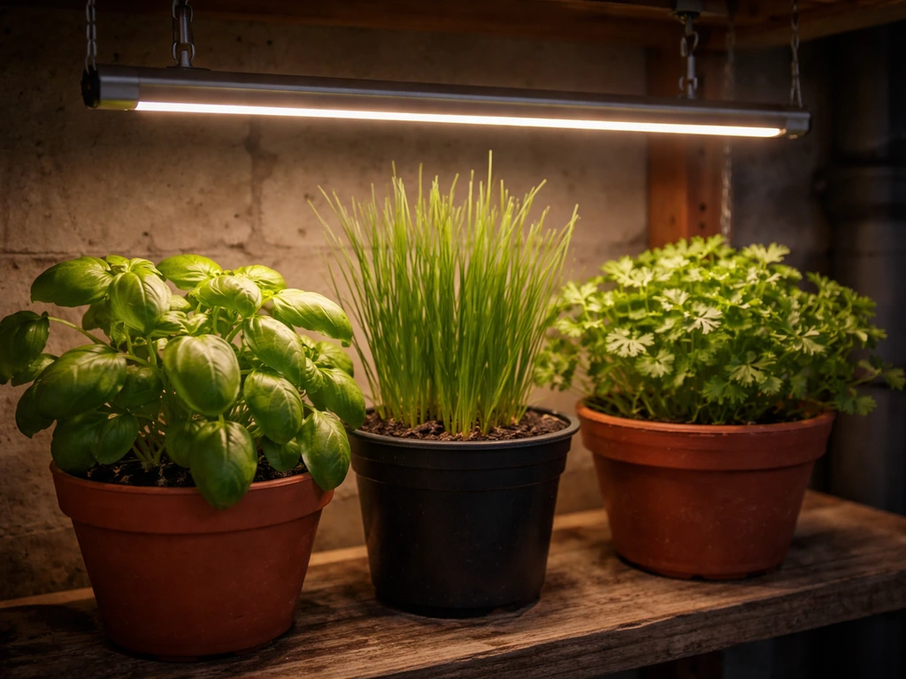 Fresh basil, chives, and cilantro growing in basement planters under bright grow lights