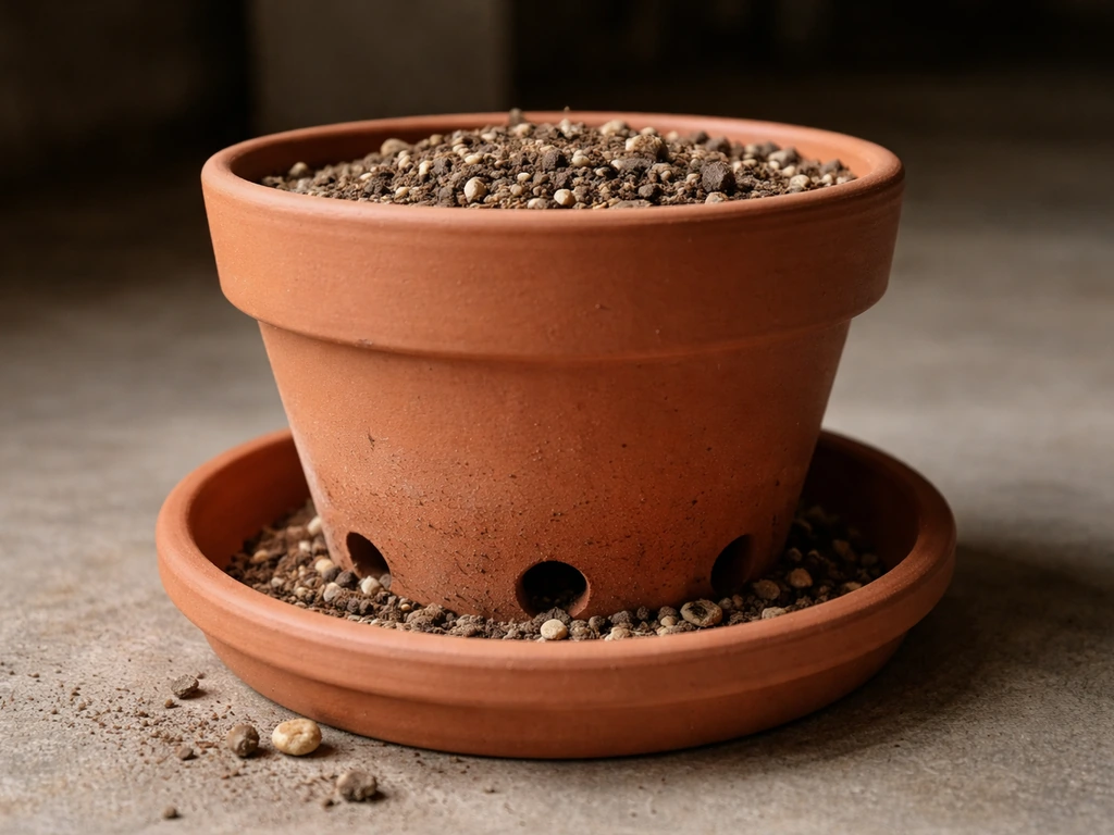 Close-up of a basement plant setup with a draining pot, well-draining soil, and a collection tray.