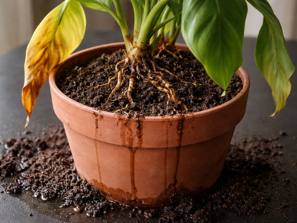 Wilting houseplant with brown, damaged roots exposed in damp soil, in a simple pot on a dark surface.