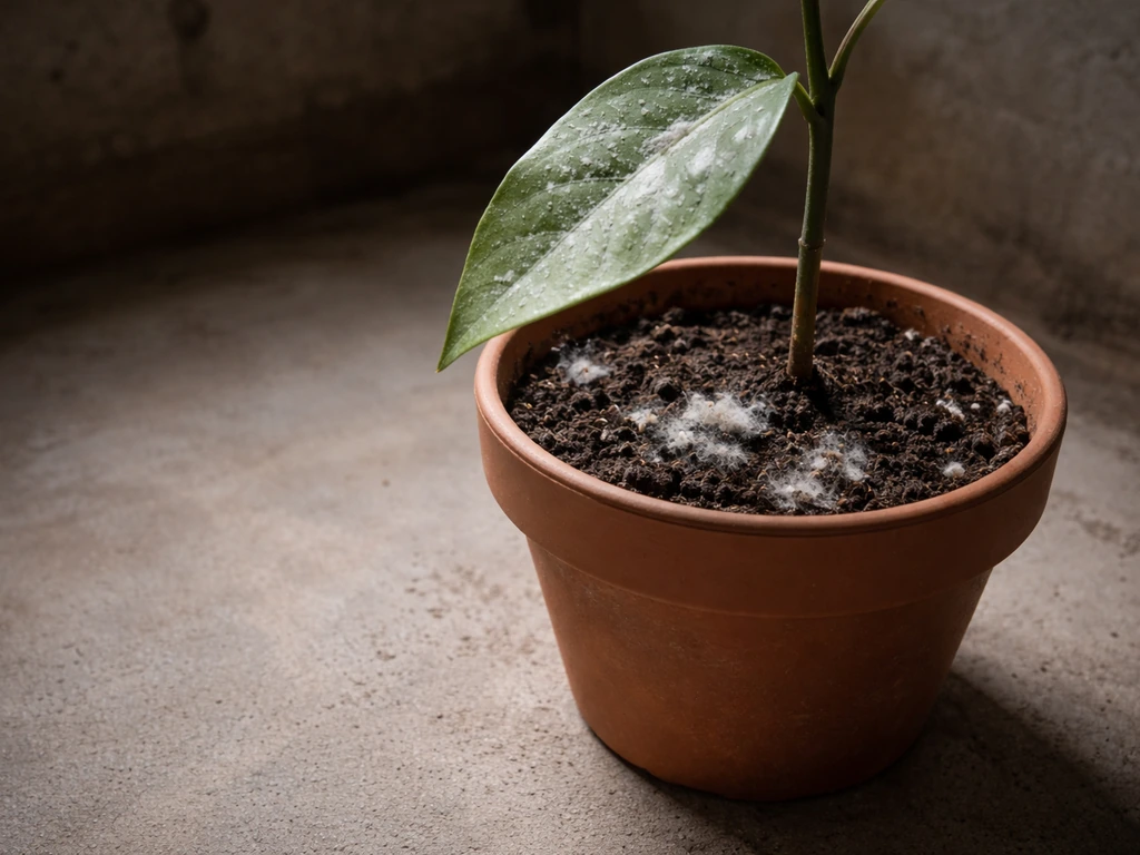 Powdery white mildew on a plant leaf and fuzzy gray fungus on soil in a basement pot.