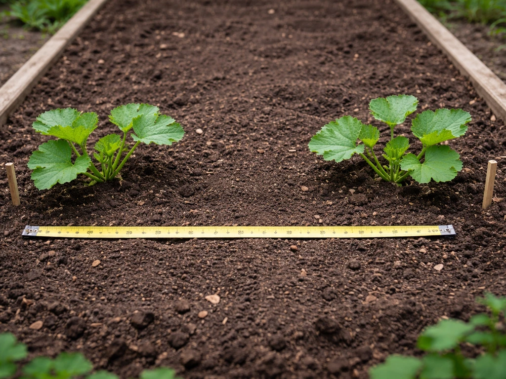 Courgette seedlings spaced in a vegetable bed with measuring tape and small spacing markers visible.