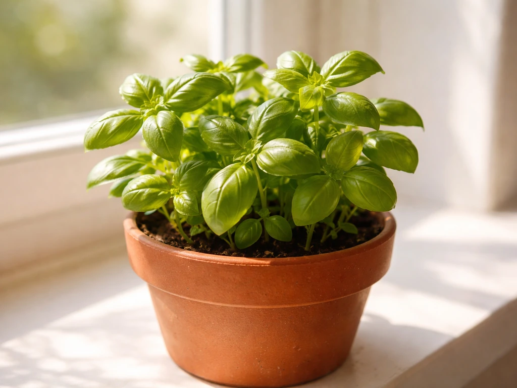 Fresh basil in a small terracotta pot on a sunny windowsill, leaves sharply detailed.
