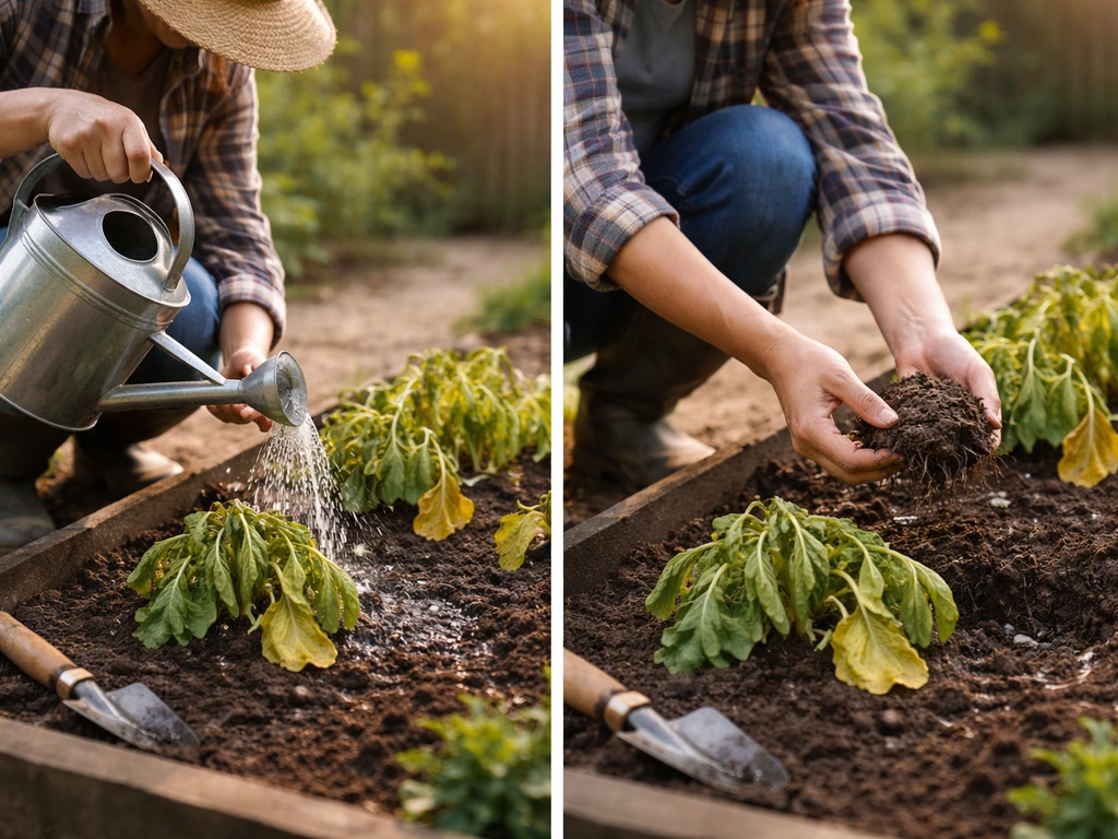 Gardener kneels by wilting vegetable plants, watering can in hand, checking damp soil and yellow leaves.