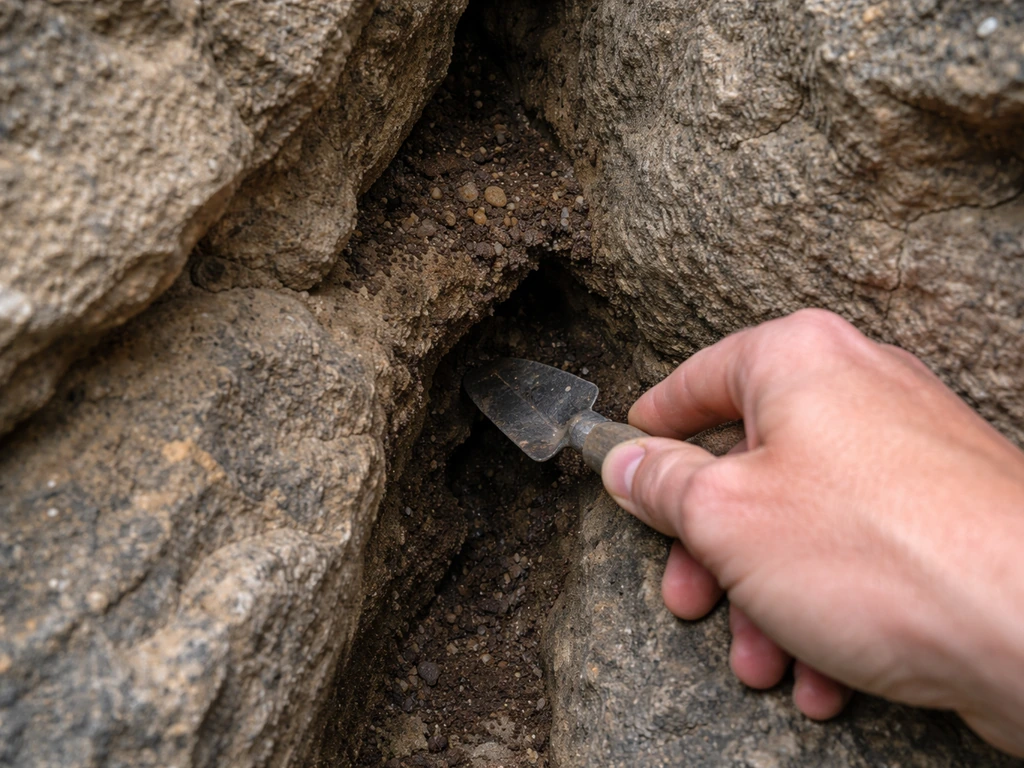 Hand reaching into a narrow rock crevice showing shallow grit and deeper dark soil