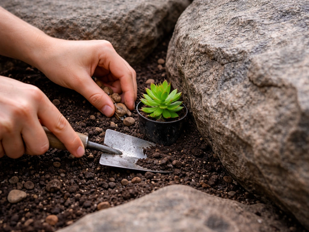 Hands placing LECA and a small plant into the gap between two boulders, then backfilling soil.