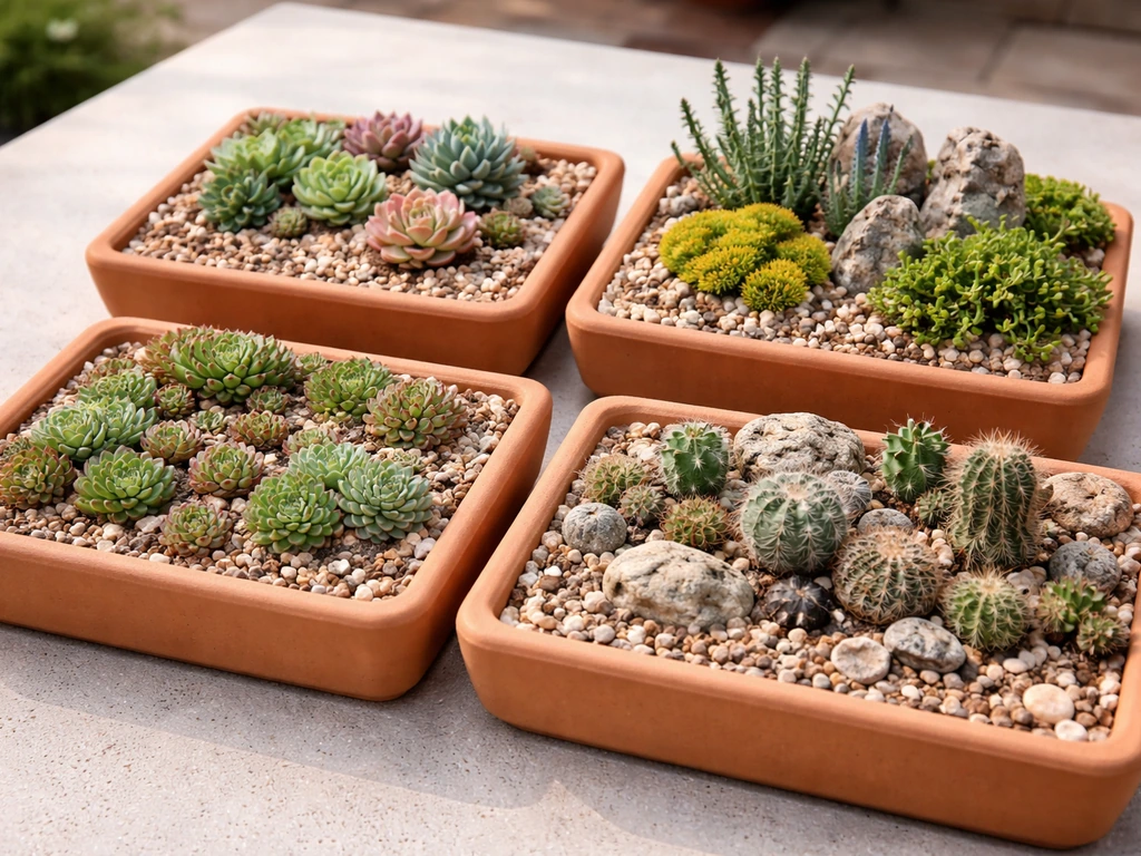 Four small succulent and crevice-plant planting tray groupings arranged 2x2 on a patio table.