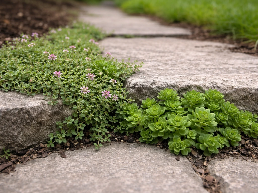 Low-growing thyme and sedum spill between flagstone paver gaps along a garden path.