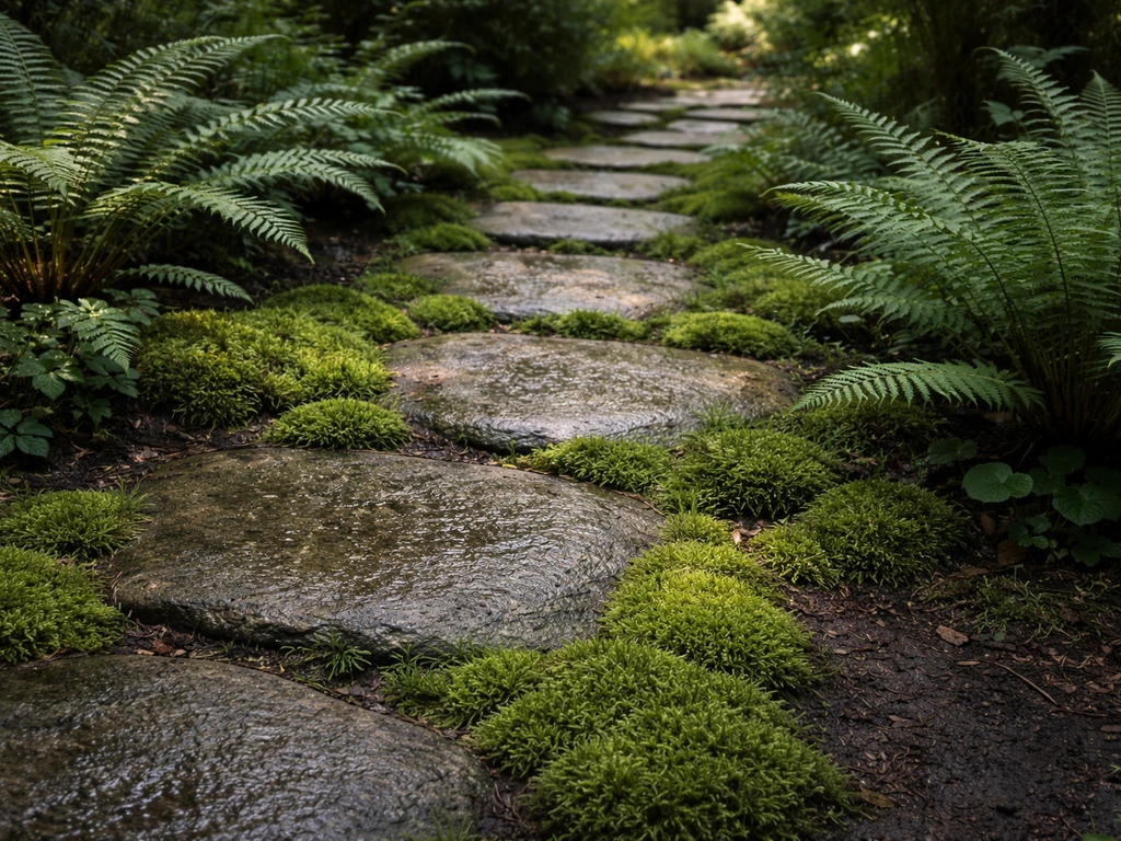 Ferns and dense moss growing between stepping stones on a damp, shaded garden path.