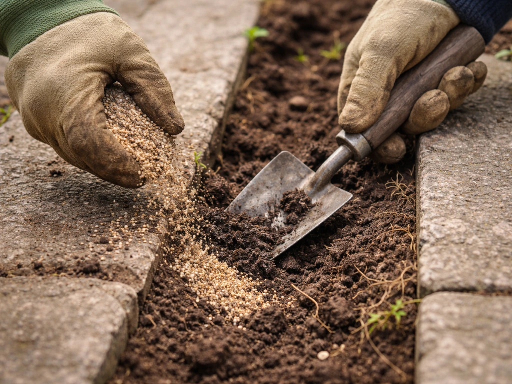 Gloved hands using a hand trowel to remove old weed roots and mix coarse sand into gap soil between stones