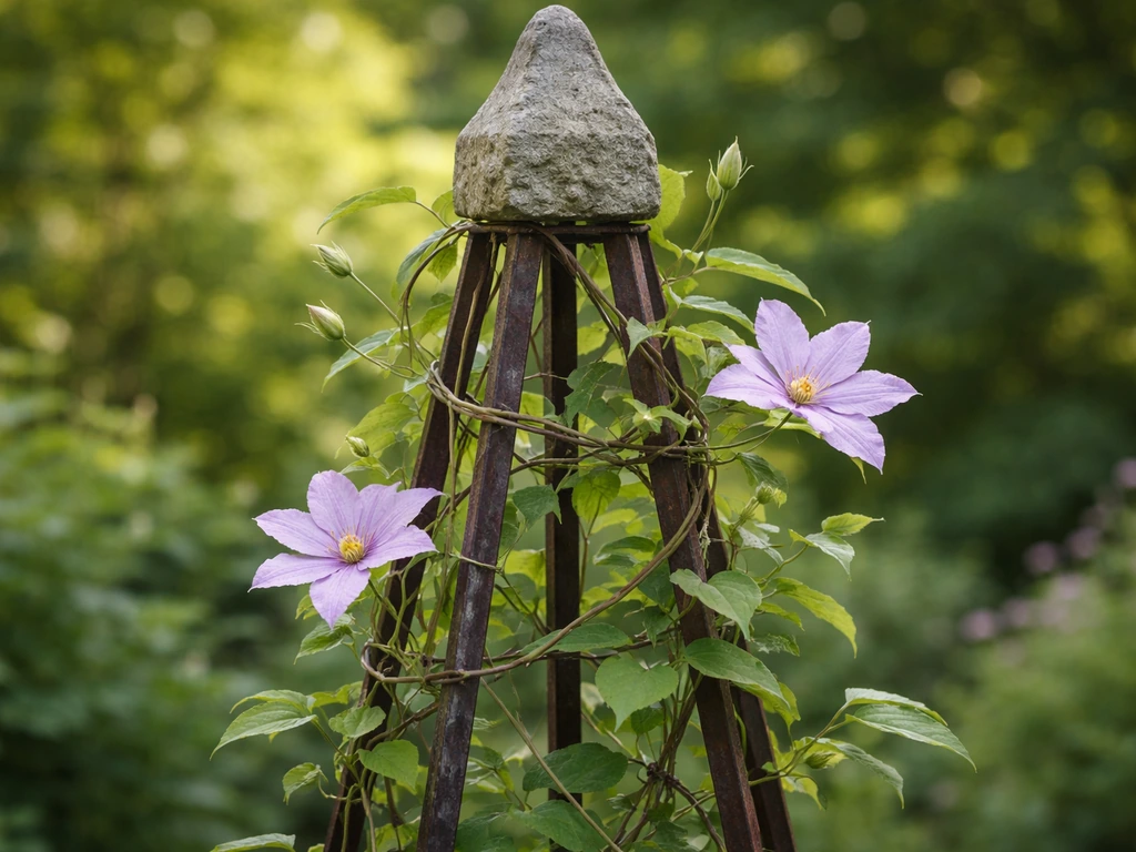Clematis vine twined around a stone obelisk with green leaves and a few purple blossoms.