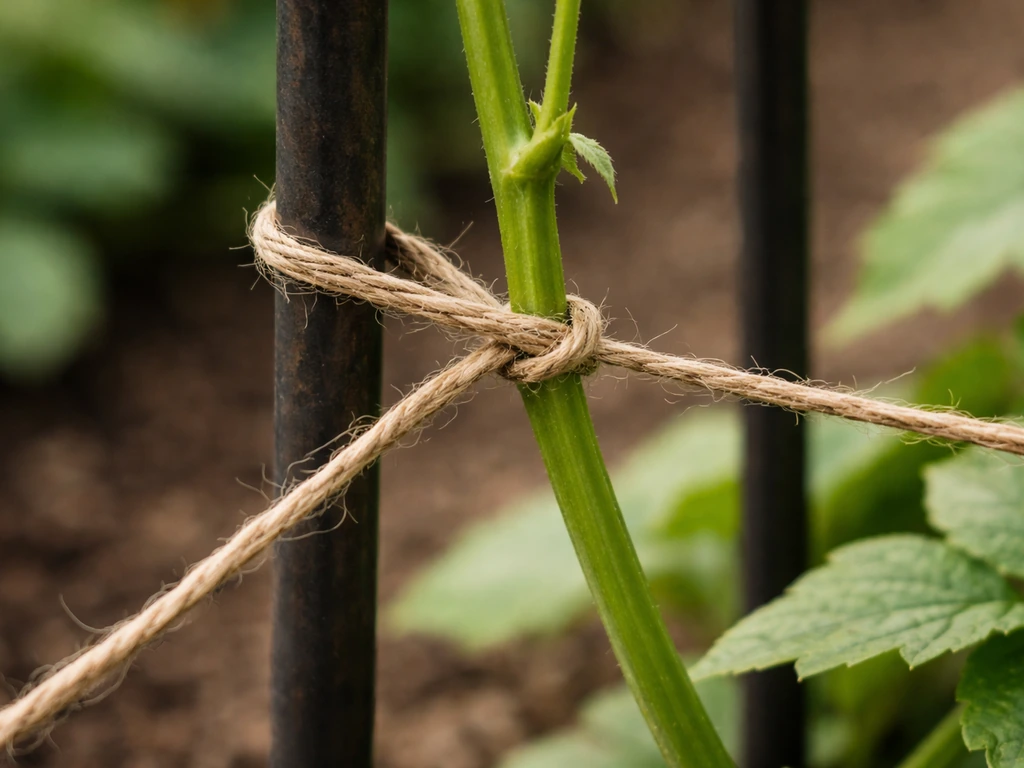 Close-up of soft twine loosely tying a young climbing stem to a garden obelisk without damaging it.
