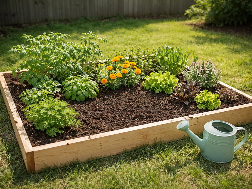 Bright beginner outdoor garden bed with several easy plants in tidy rows under sunny and shaded spots.