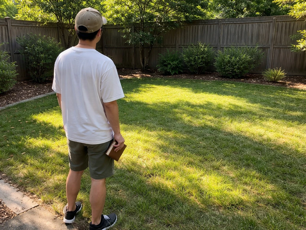 Anonymous person walking a backyard, assessing sunny and shady spots in the grass at different times.