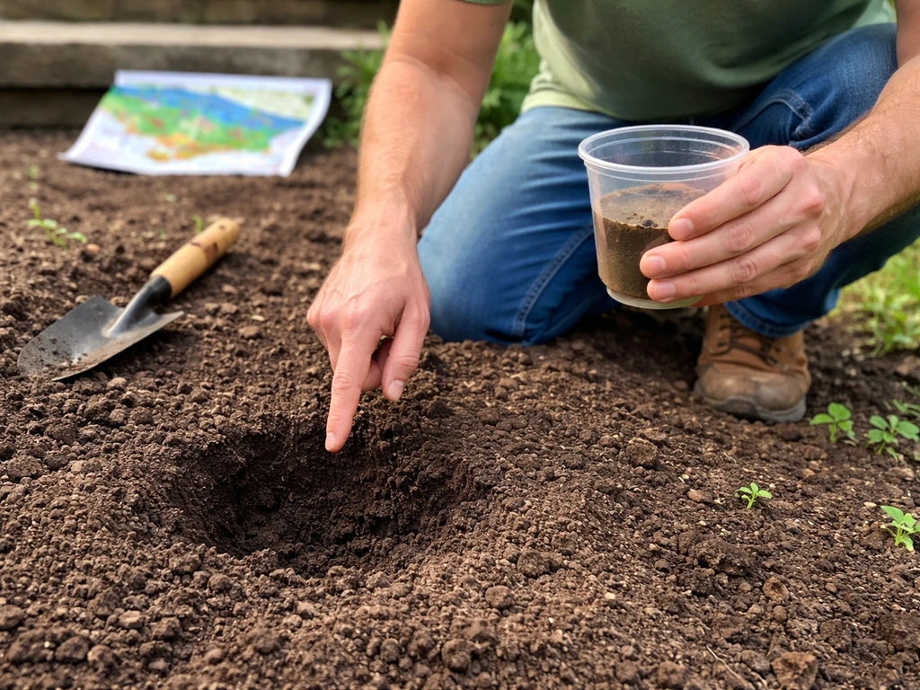 Home gardener kneeling in backyard soil, holding a small soil test cup beside a blurred paper map