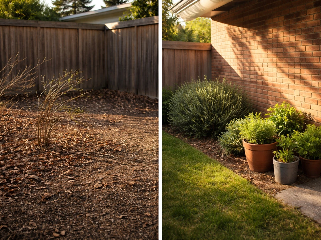 Garden contrast: windy open yard with bare shrubs and a sheltered south wall with thriving plants