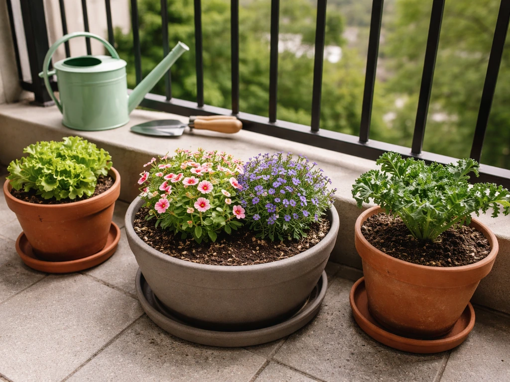 Balcony container garden with beginner plants in spaced planters and a saucer showing drainage.