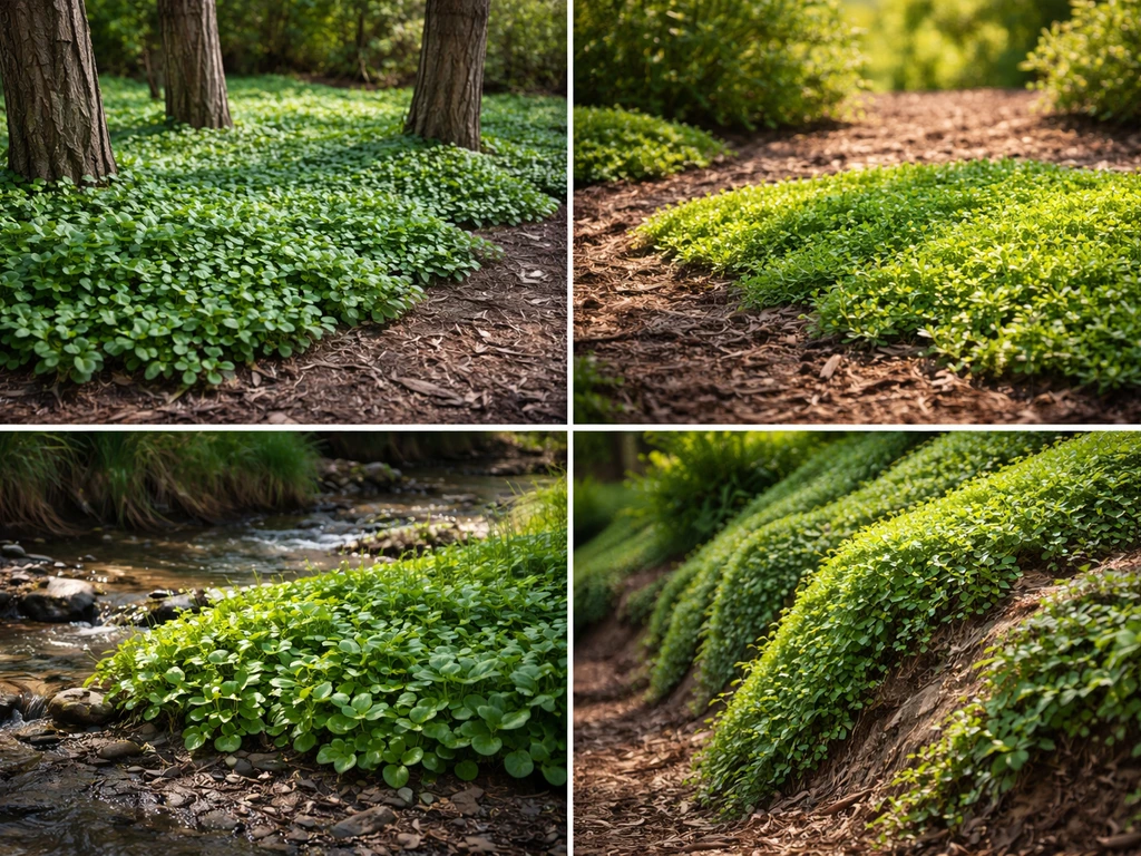 Collage of dense ground cover plants thriving in dry shade, hot sun, wet soil, and on a slope