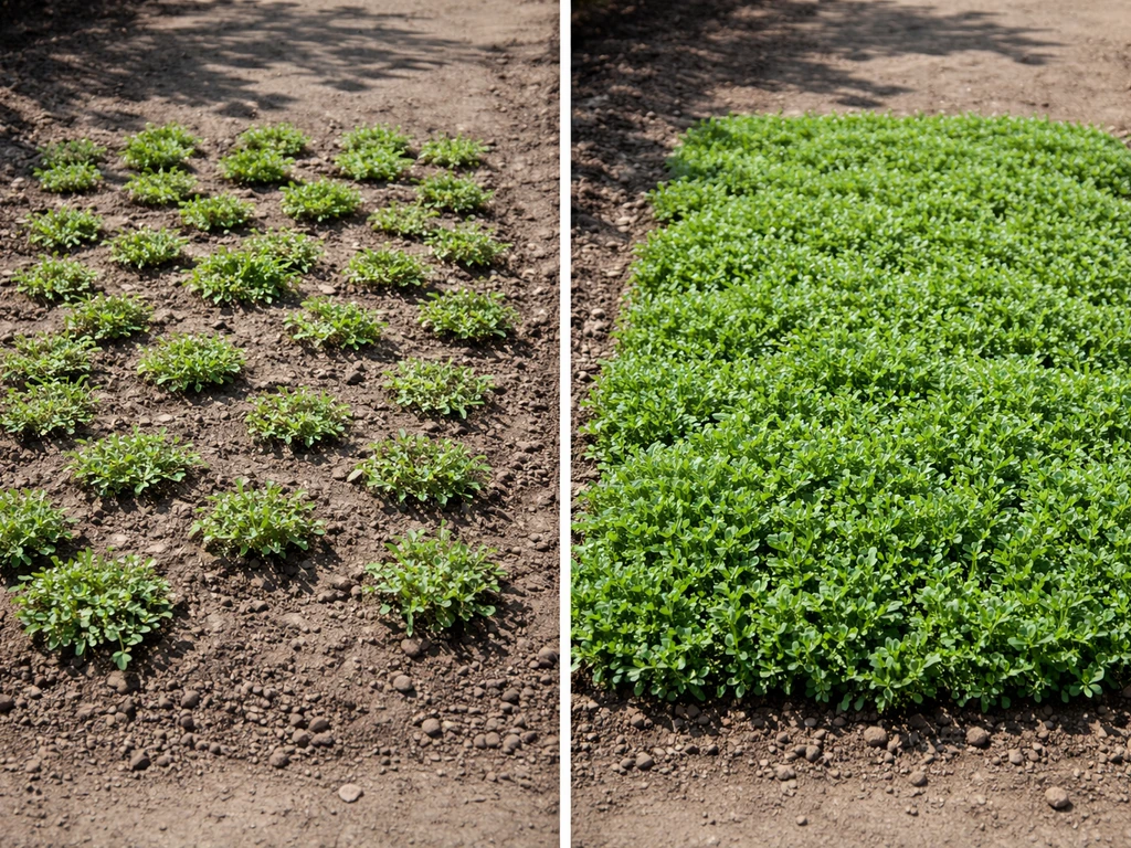 Two small ground-cover plots side by side, one freshly planted and one fuller after a season of growth.
