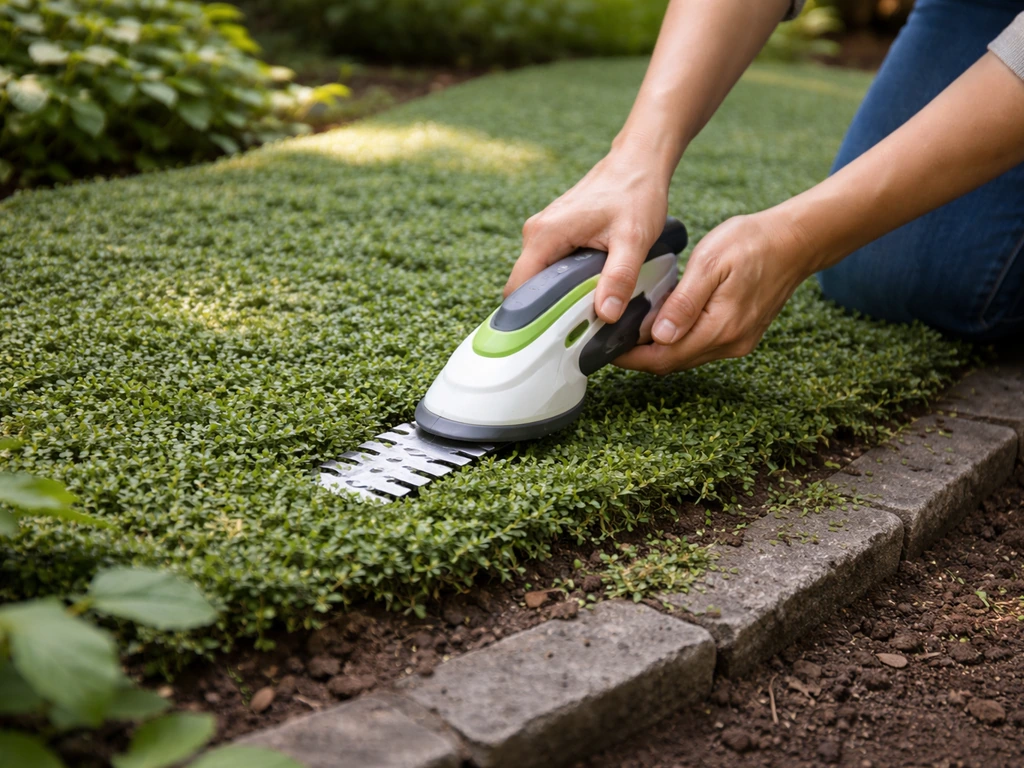 Hands trimming an established low ground cover bed with a hedge trimmer in a simple backyard garden.