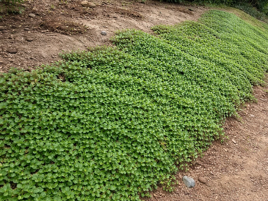 Ground cover spreading down a grassy slope, showing erosion-control stability in a natural garden setting.