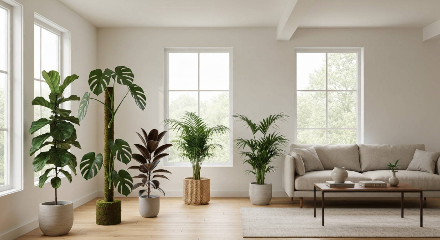 Modern living room with several tall indoor plants (fiddle‑leaf fig, Monstera on a moss pole, rubber plant, Kentia and Areca palms, Dracaena) by a large window; shows scale and healthy foliage.