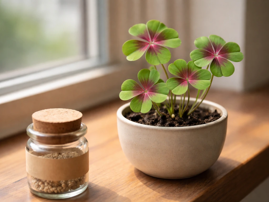 Close-up of a four-leaf Oxalis tetraphylla plant next to a small seed packet-like jar with a labeled vibe, no text.