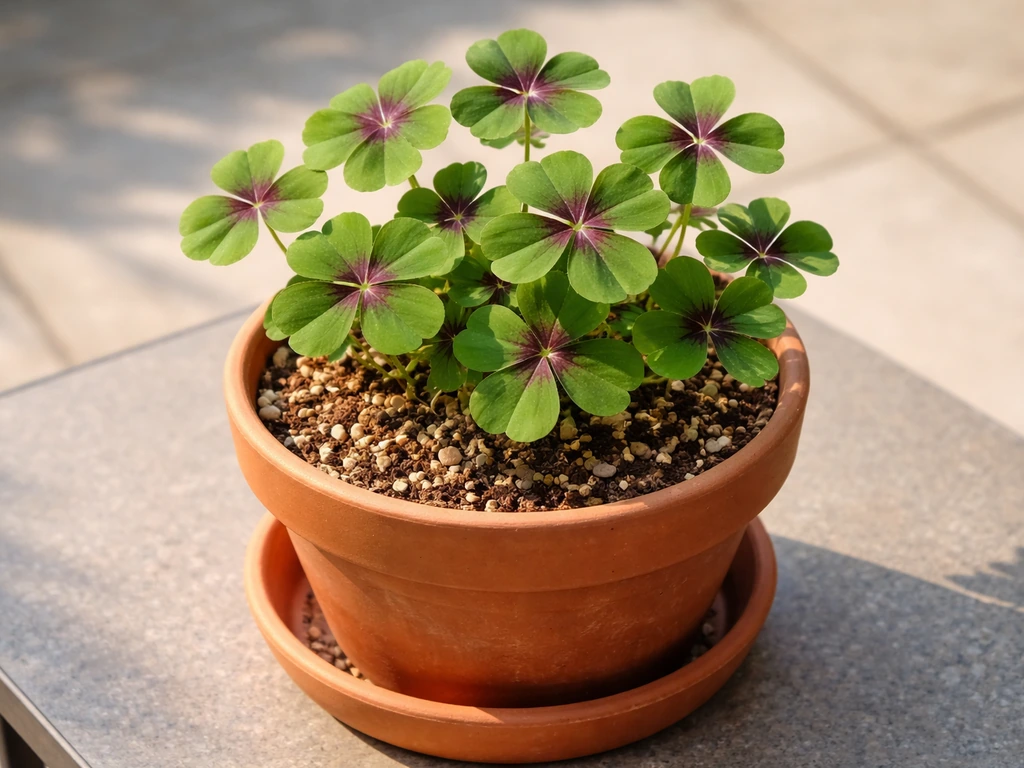 Potted Oxalis tetraphylla in bright full-sun window with well-draining soil mix on a simple table