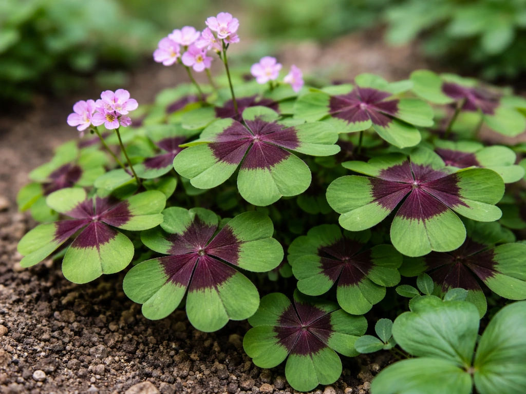 Oxalis tetraphylla with clover-like leaf markings and small pink flower clusters in a garden bed.