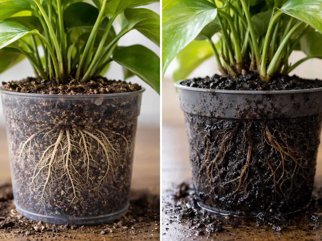 Side-by-side photos of healthy roots and dark rotting roots beside a wilting plant in soggy soil.
