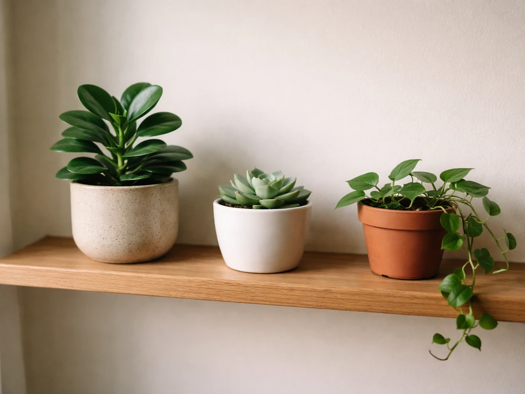 Compact houseplants in contained pots on a narrow wooden shelf, spaced to look shelf-friendly.