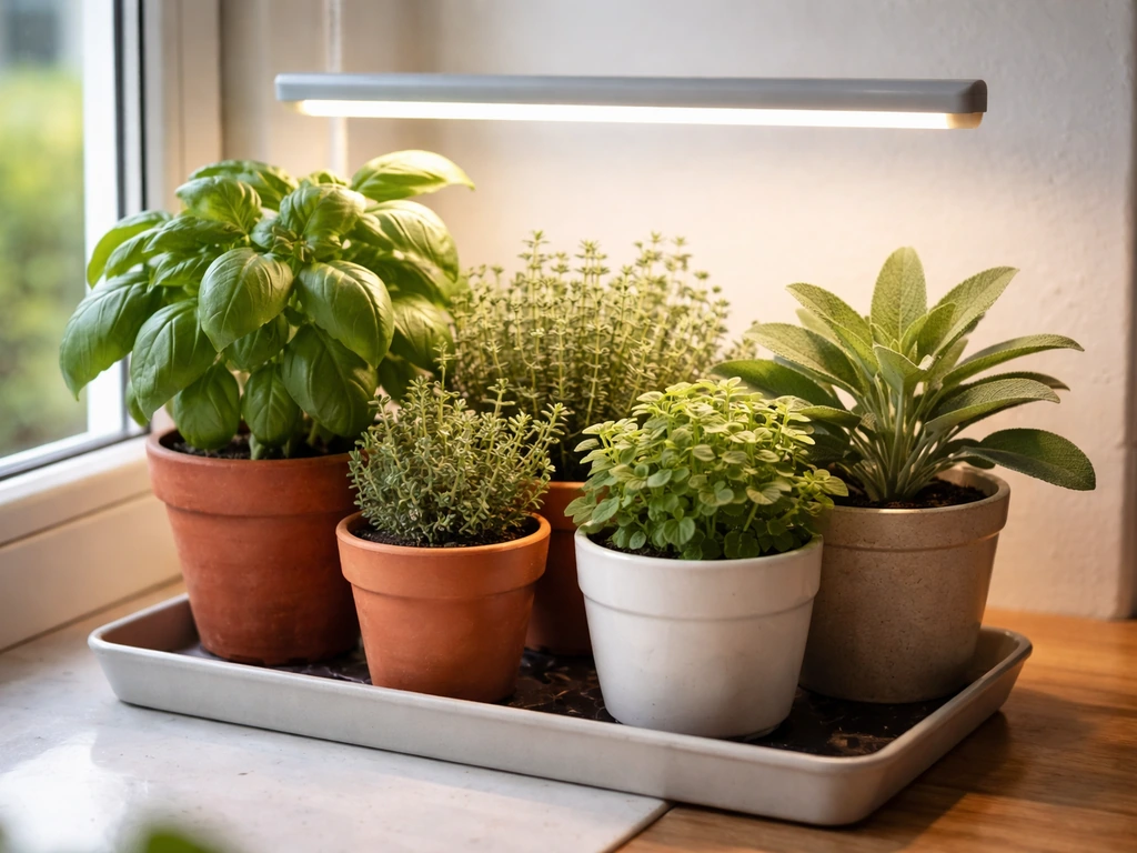 Small pots of basil, thyme, oregano, and sage on a sunny windowsill with a grow-light bar overhead.