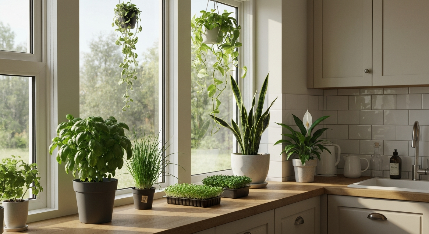 Sunlit modern kitchen windowsill with basil, chives, microgreens, pothos, snake plant, and a peace lily