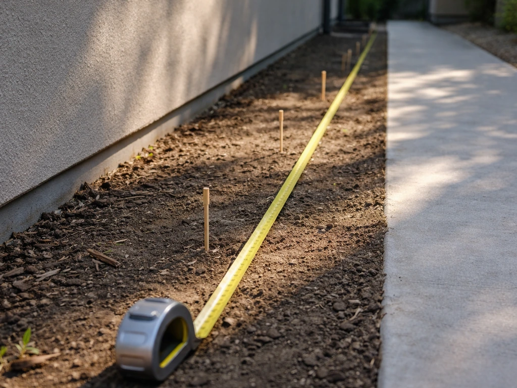 An outdoor side strip next to a wall with a tape measure laid out and sunlight showing timing marks.