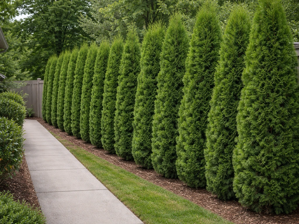 Dense tall evergreen shrubs form a privacy screen along a side yard walkway.