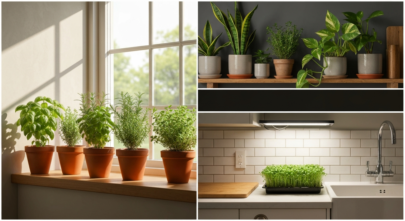 Kitchen with sunny windowsill herbs, darker corner houseplants, and an under-cabinet LED grow light.
