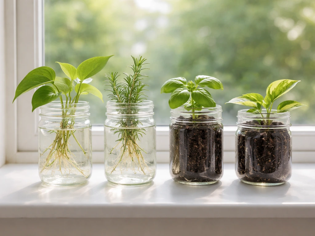 Mason jars with thriving plants—some rooted in water, others in soil—on a bright windowsill.