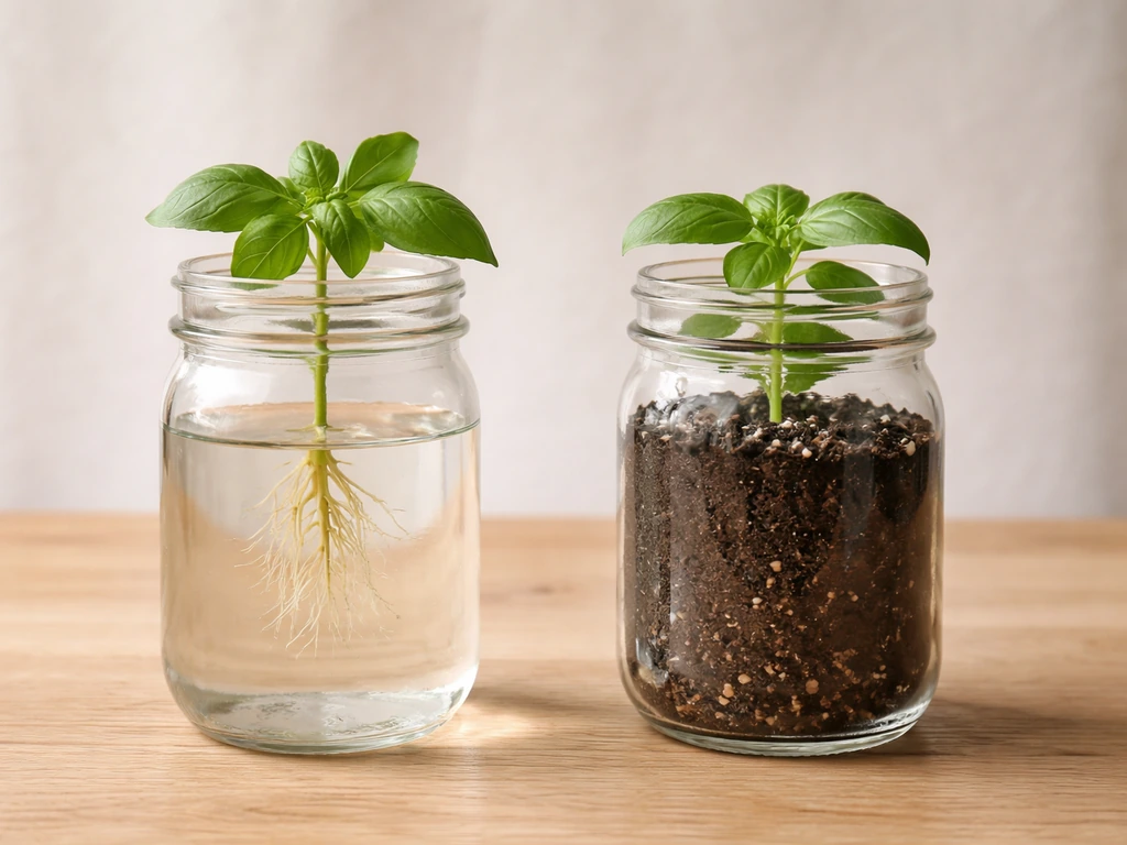 Side-by-side mason jars: one with water-rooted herb cuttings, the other with a soil-grown plant.