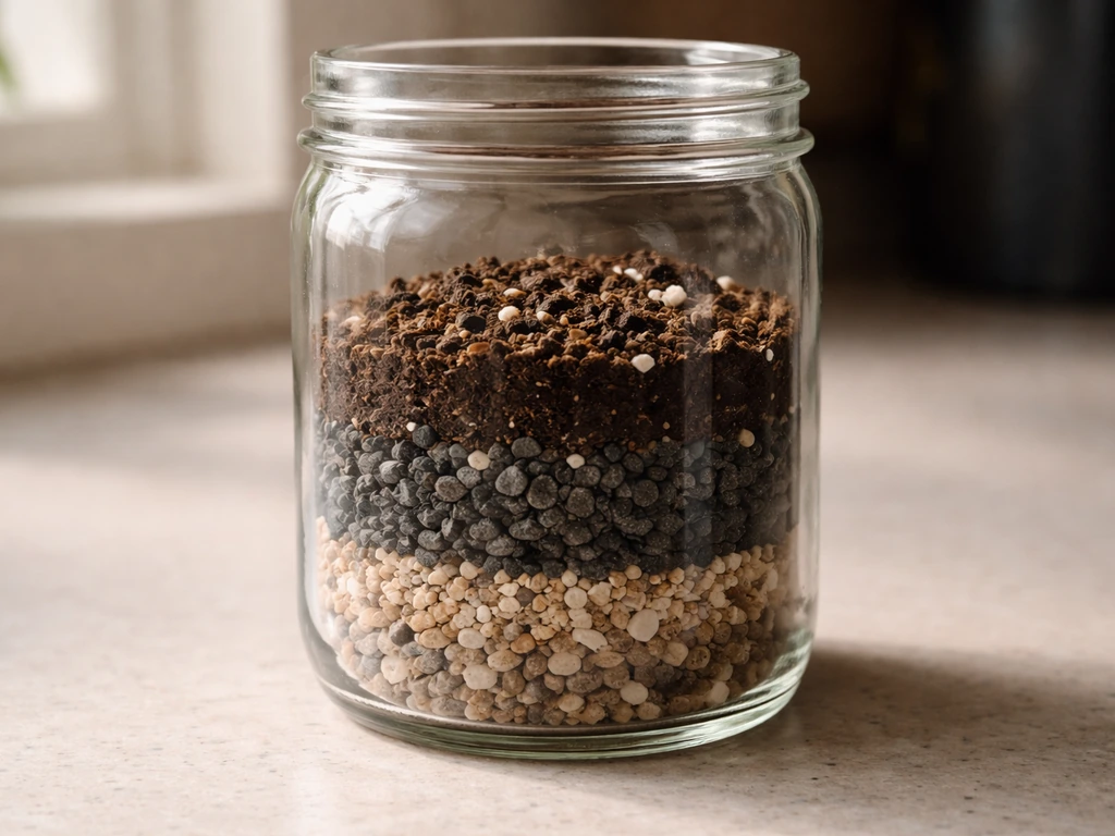 Close-up of a clear jar with layered gravel and porous drainage, topped with potting mix.