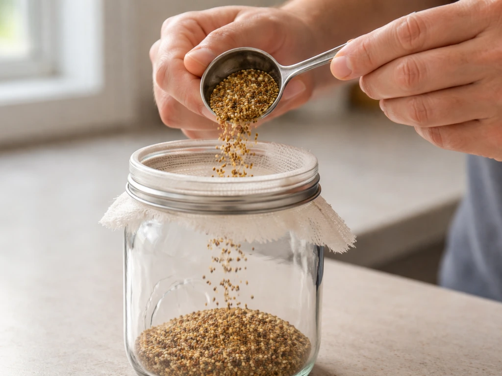 Hands adding sprouting seeds to a wide-mouth jar covered with breathable cheesecloth